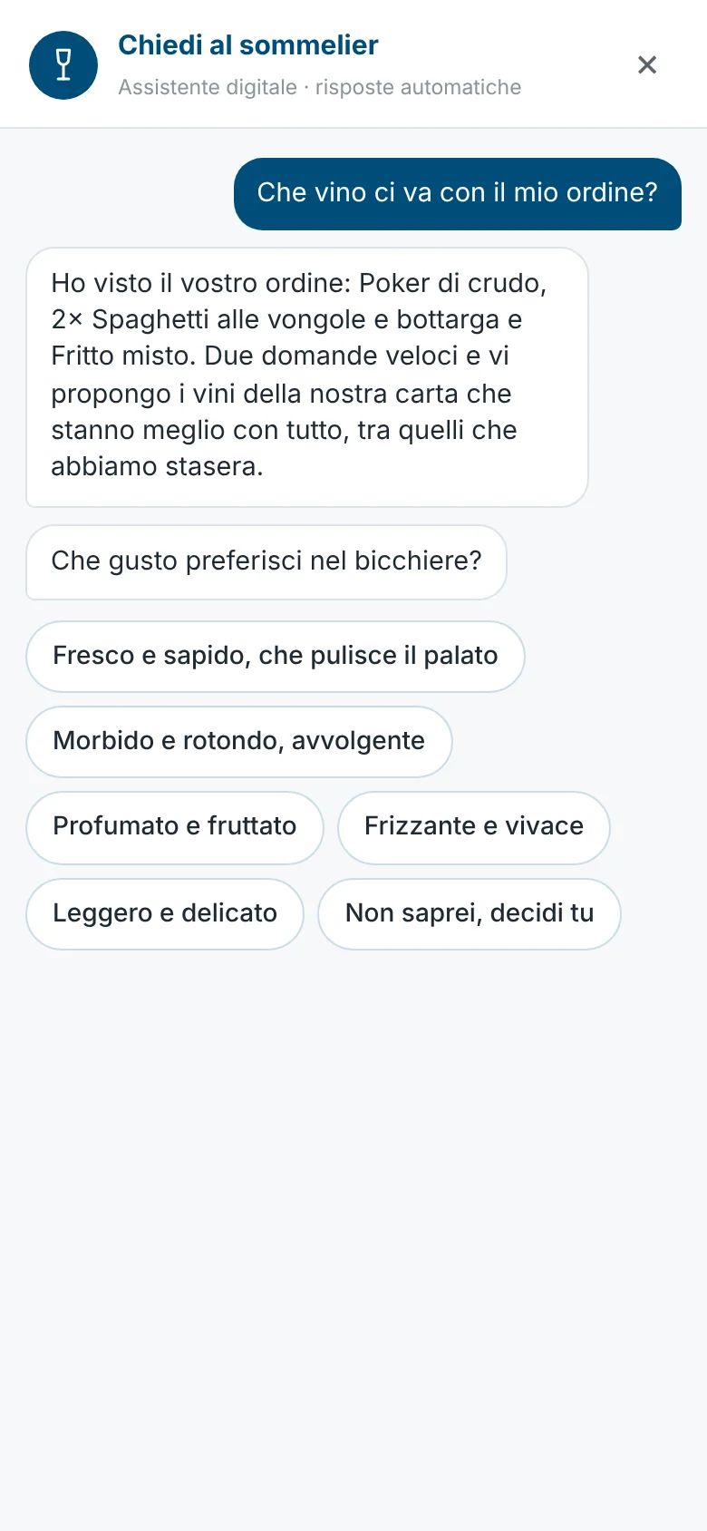 La chat riconosce l'ordine e fa domande su occasione e stile