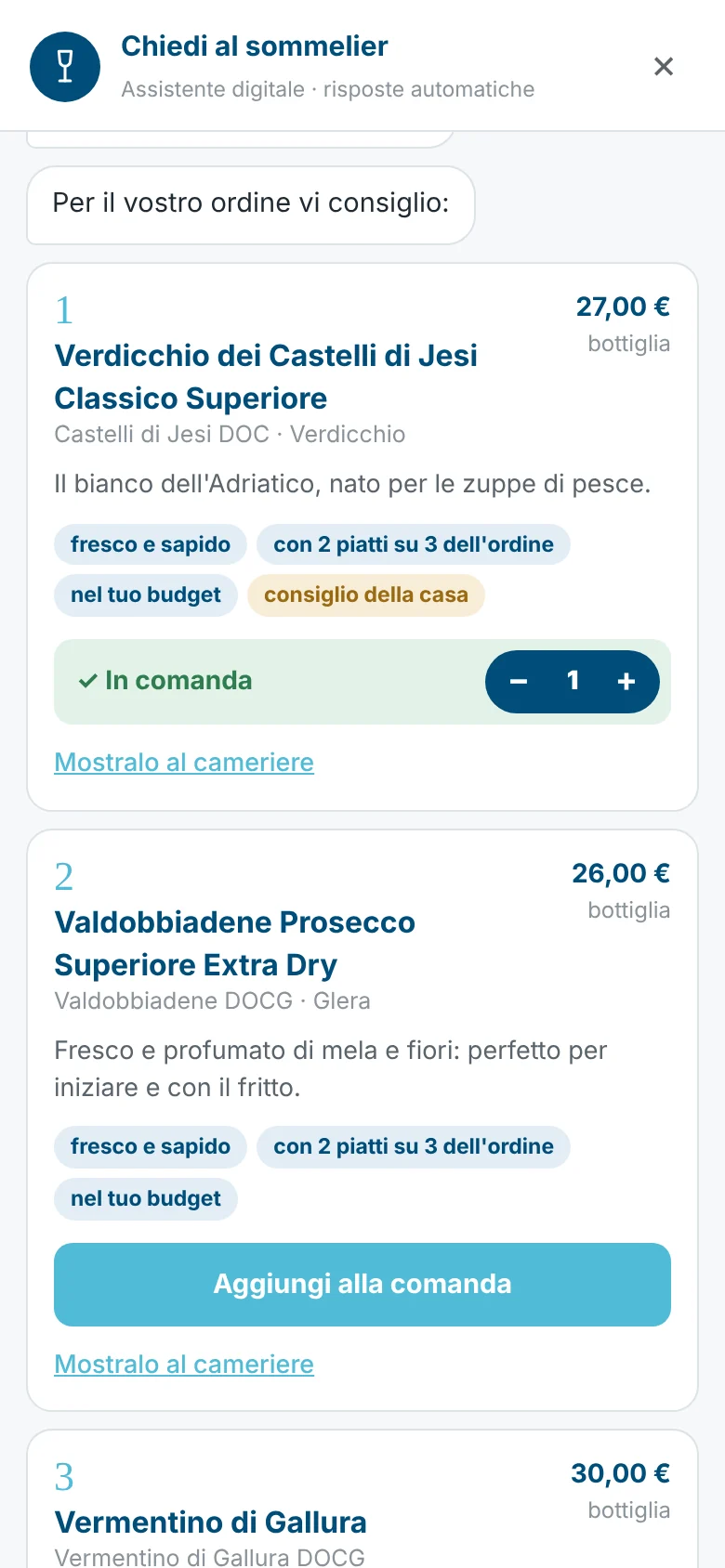 Chat del sommelier con tre vini consigliati per l'ordine e il pulsante Aggiungi alla comanda