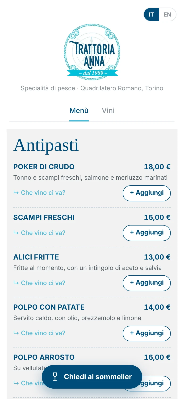 Menu digitale di Trattoria Anna con il pulsante Aggiungi sotto ogni piatto