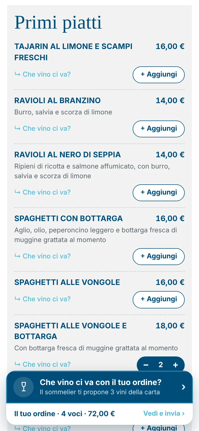 Piatti aggiunti all'ordine con il contatore di quantità e la barra Il tuo ordine