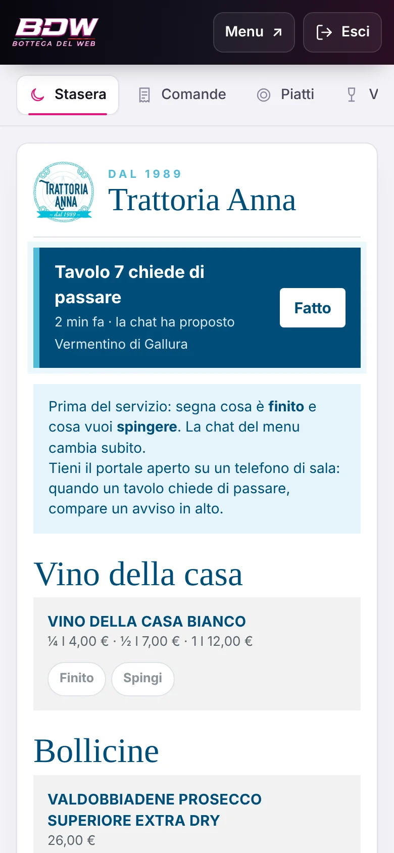 Portale: richiesta dal tavolo 7 e cantina di stasera con i pulsanti Finito e Spingi